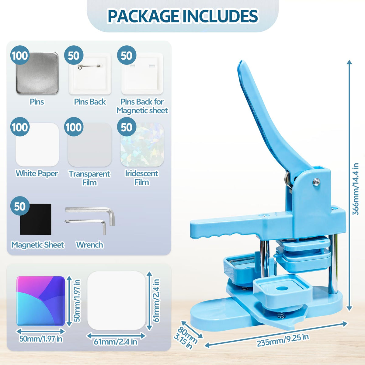 Square Button Maker Kits 2x2 Inch Square Pin Maker Machine 100 Set Blank Pins Button Making Supplies(Metal Cover, Film, Back Inserts), for Home, Events, Small Business
