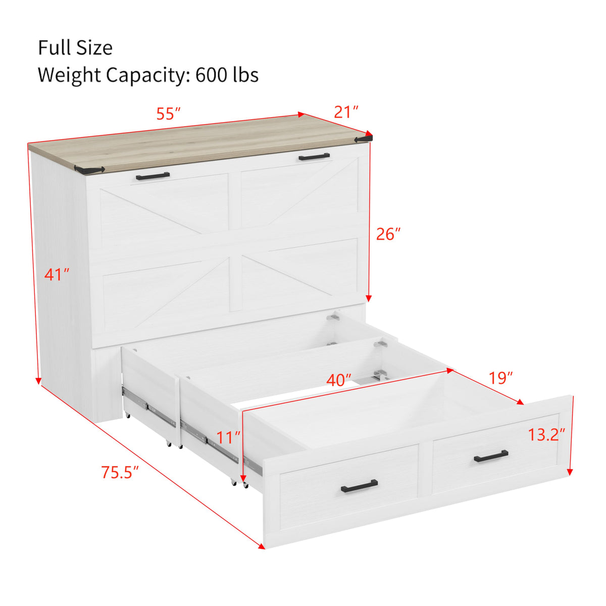 Ball & Cast Murphy Bed Full Size with Charging Station,Farmhouse Murphy Cabinet with Large Storage Drawer,Hideaway Bed Foldable Platform Bed for Guest Room, Apartment, White