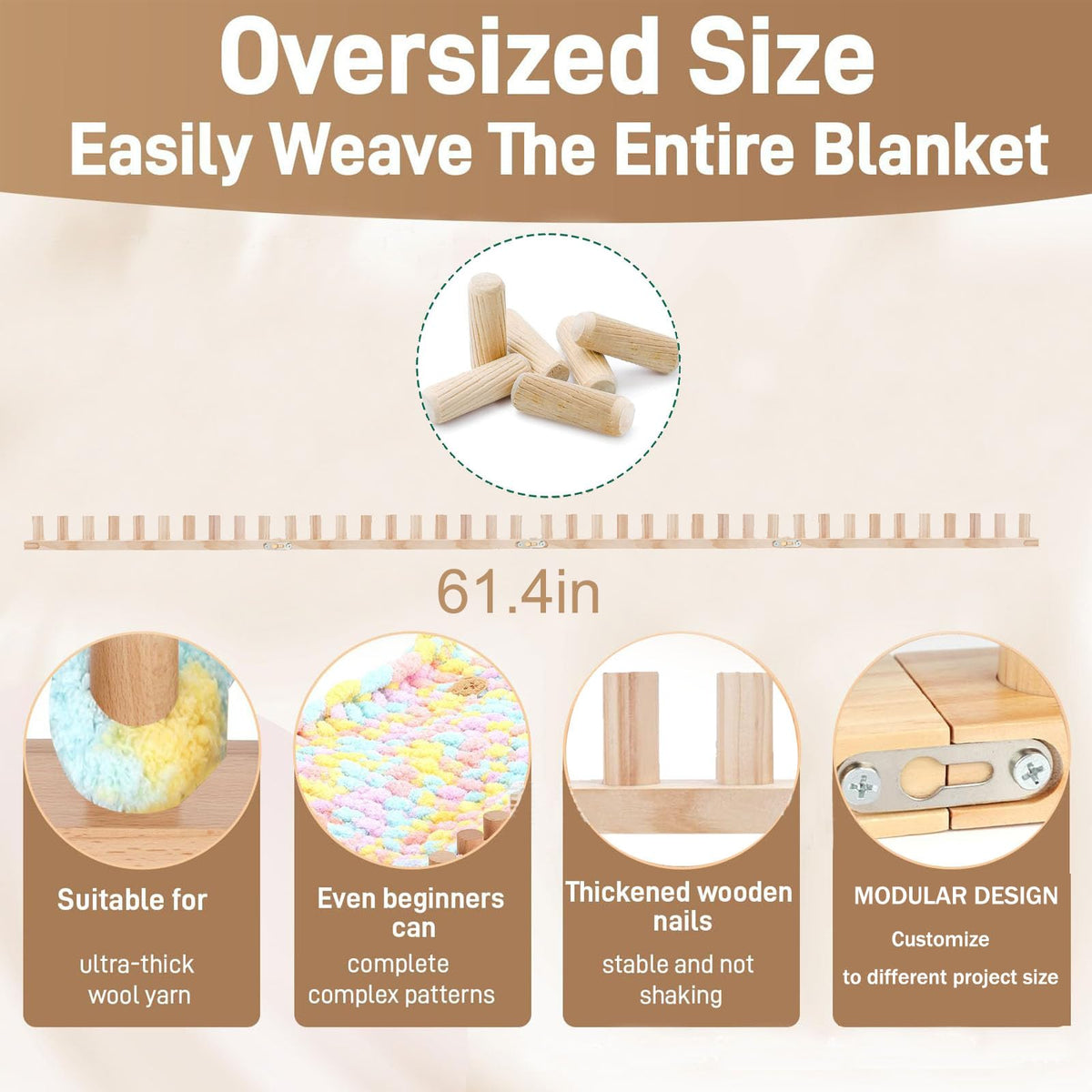 PHENNFUSION Chunky Blanket Loom for DIY Throw Blankets, 61.4" Wooden Loom Frame Adjustable Size Foldable Portable Hand Knitting Yarn Chunky,No Needles Required,Beginner Friendly Yarn Craft