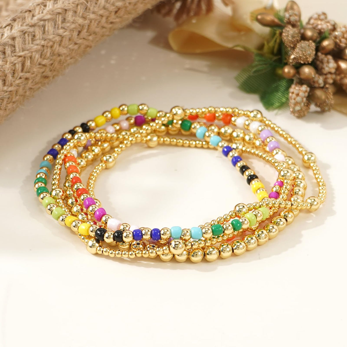 Bohxantium Gold Beaded Bracelets Set for Women Stackable 14K Gold Plated Beads Ball Colorful Seed Bracelets for Women Stack Non Tarnish Stretch Trendy Jewelry Prom Friendship Birthday Christmas Gifts