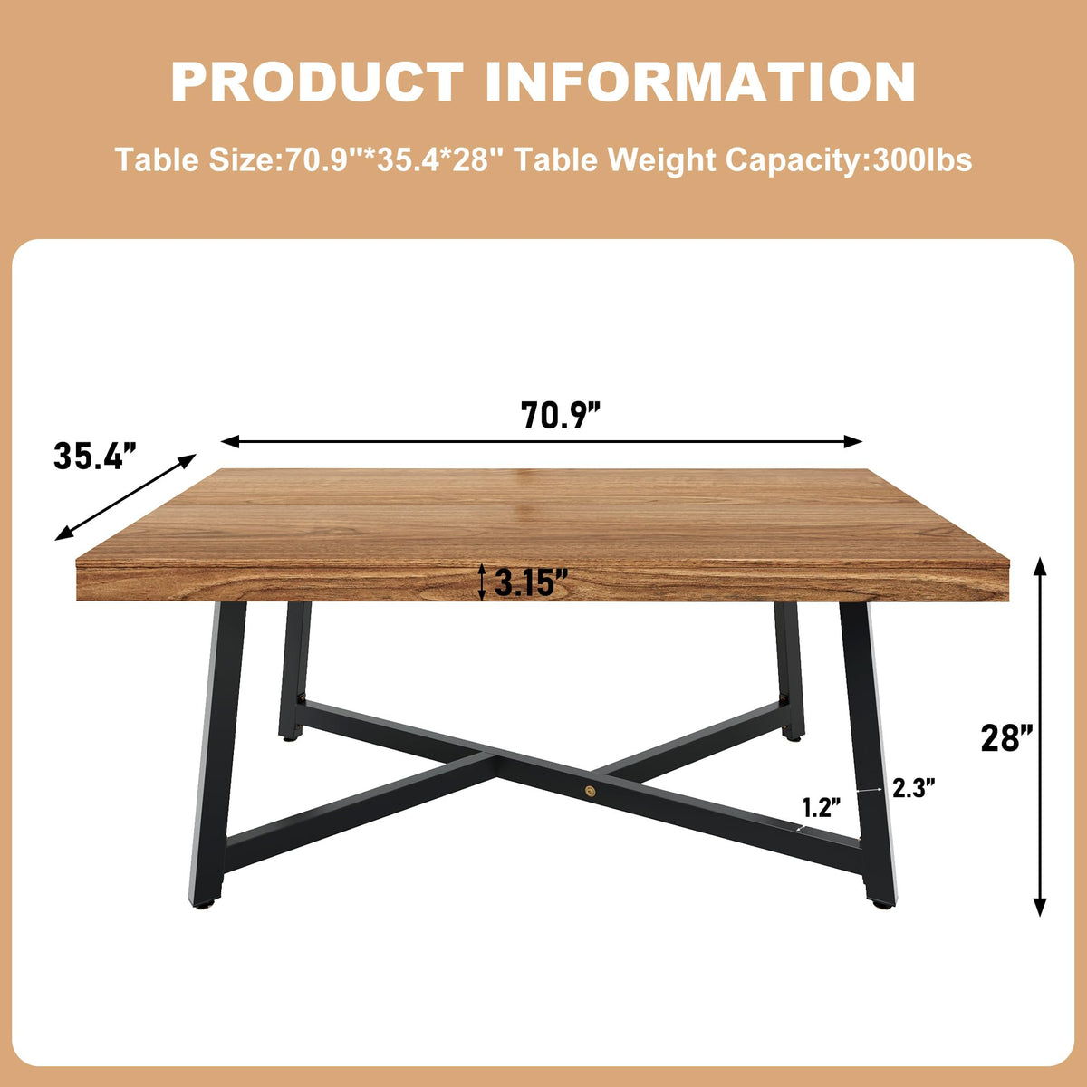 71" Farmhouse Dining Table for 4,6,8 People,Wooden Rustic Kitchen Table W/Thickness Waterproof Wood Tabletop,Rectangular Long Brown Dinner Table for Home Office,Dining Room,Living Room Furniture