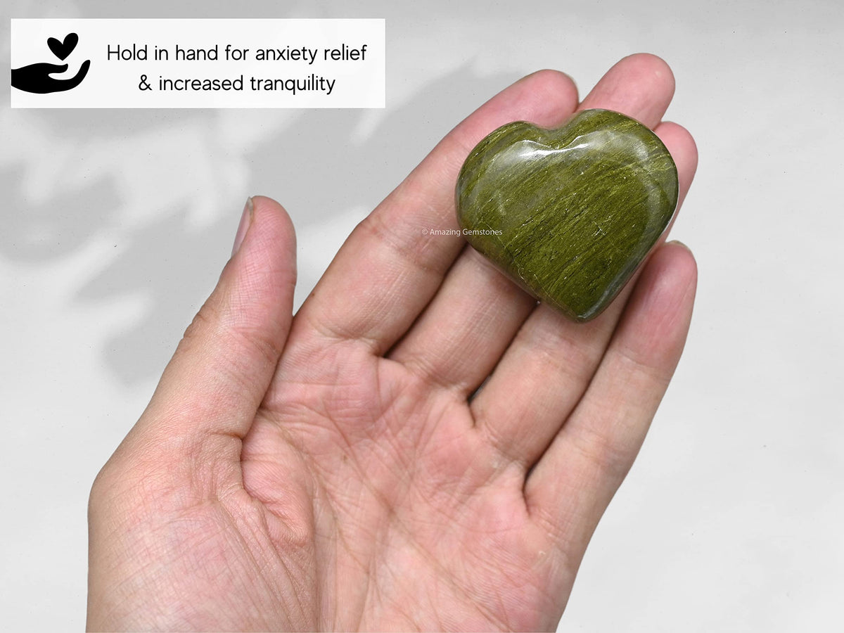 Vesuvianite Crystal Heart Palm Stone - Pocket Massage Worry Stone for Natural Body Chakra Balancing, Reiki Healing and Crystal Grid