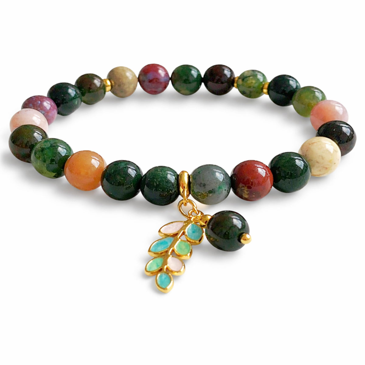 TEJO Natural Stone Beaded Bracelet – Handmade Energy Healing Bracelet for Men & Women, Yoga Chakra Jewelry Gift (Indian Agate Natural Stone Bracelet – for Women, 6.5 inches)
