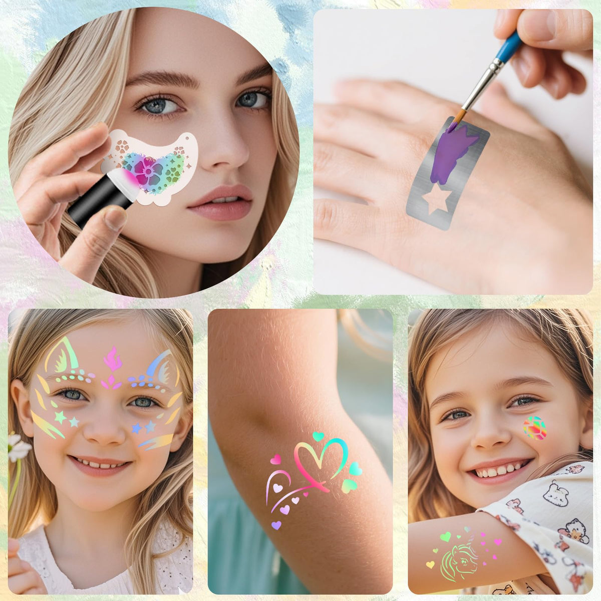 58PCS Face Paint Stencils Kit Includes 36 Reusable Facial Painting Stencils, 6 Sheets Tattoo Templates Stickers, 10 Brushes, 2 Pack Adhesive Gems, 4 Sponge for Halloween Festival Party Makeup