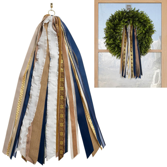 Wreath Ribbon Set - Decorative Bow & Assorted Ribbon for Wreaths - Clip-On Wreath Sash Ribbons Bundle for Indoor & Outdoor Use - Premium Wreath Making Supplies - Golden Winter