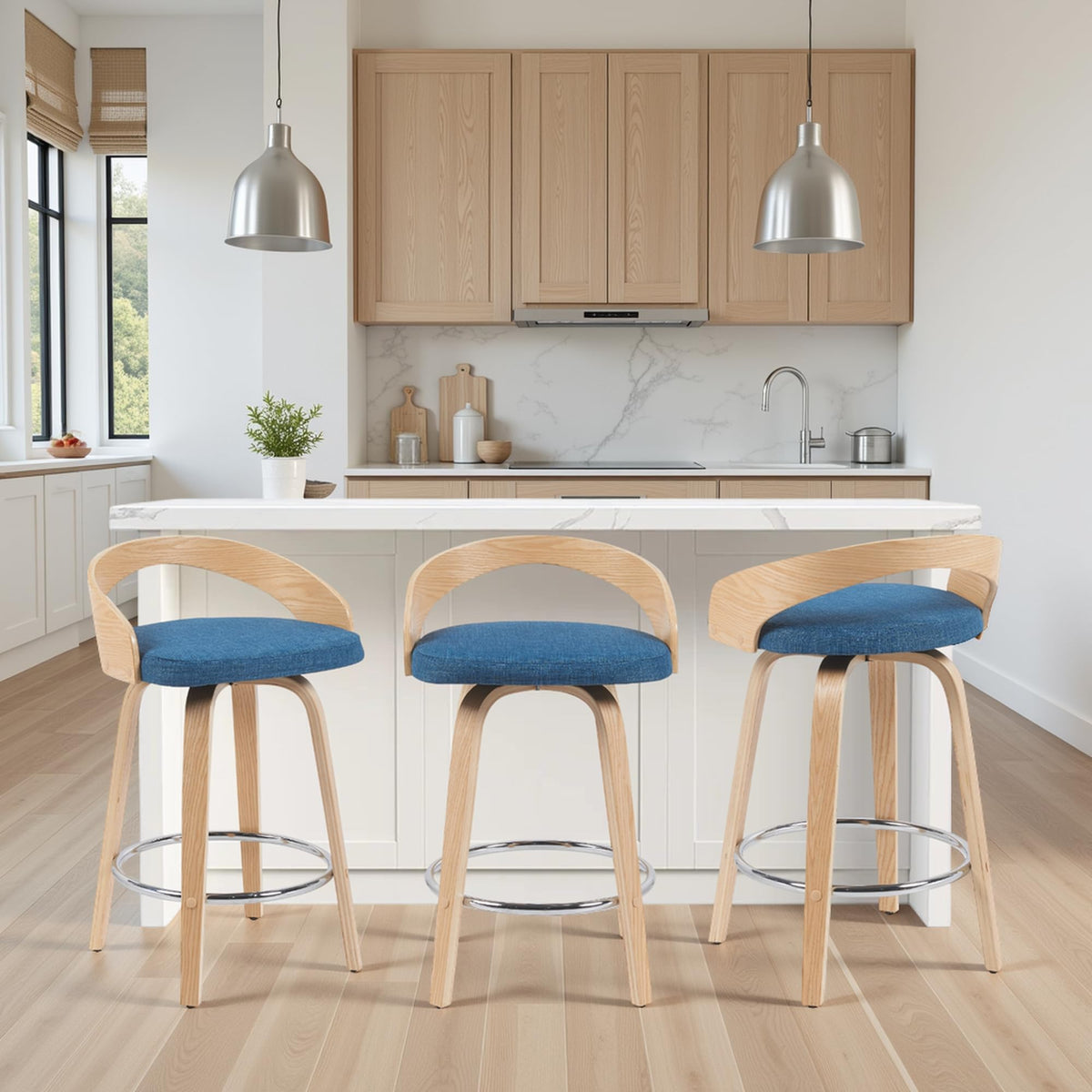 Sonia Modern Swivel Counter Height Bar Stool with Blue Upholstered Seat and Patterned Oak Wood Finish Set of 3