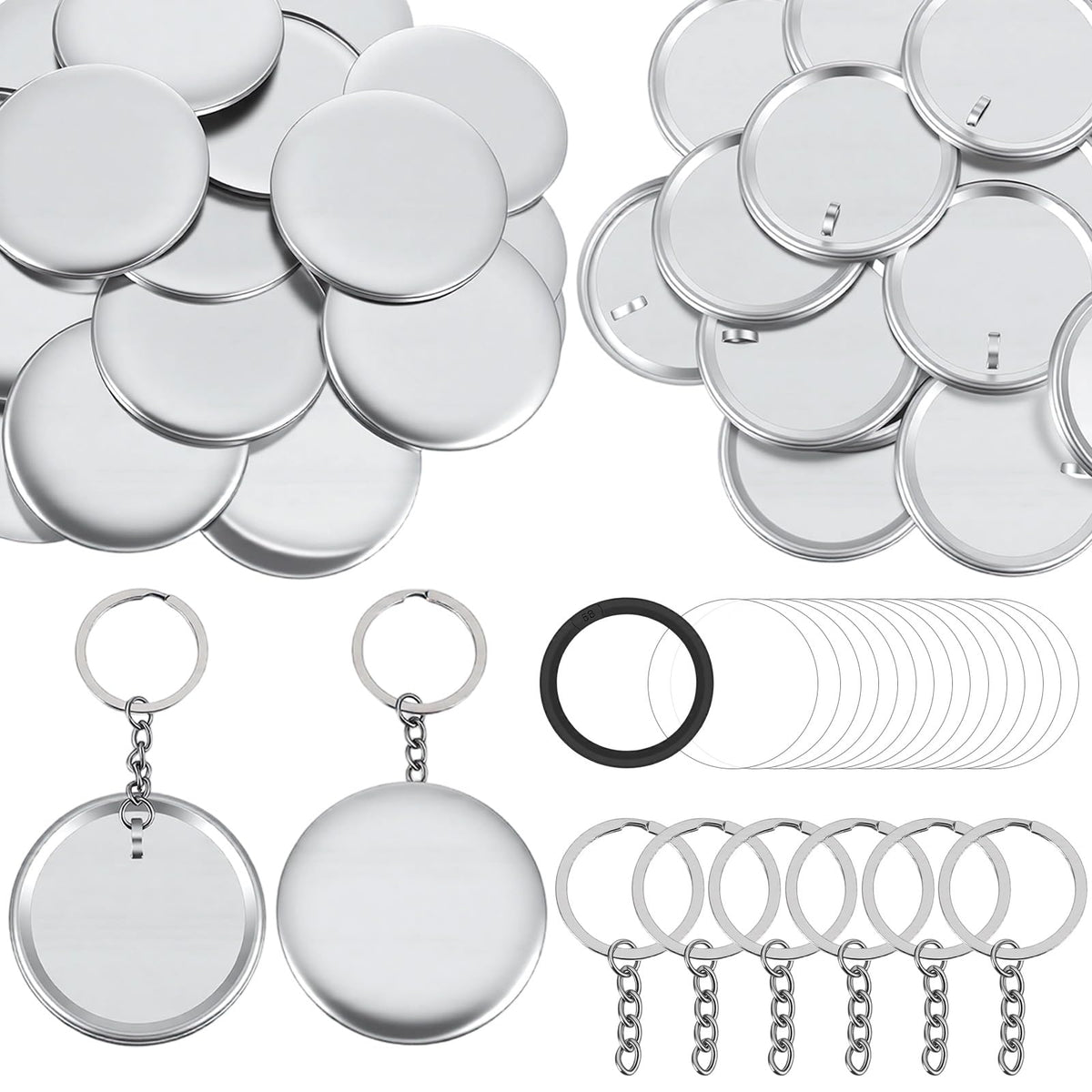 Afcabakila 100 Sets Button Maker Keychains Supplies 58mm/ 2.25 Inch Metal Badge Kit with 1.98 Inch Keychain Ring, Metal Shell, Plastic Film, Backing Parts for Button Maker Machine DIY Craft Gifts