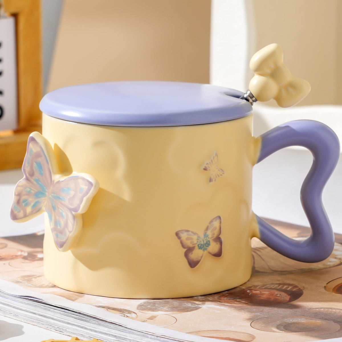 Disoza Butterfly Coquette Mug Porcelain Coffee Tea Cup 12 OZ Violet Bow Ceramic Cute Coffee Mug for Women Girl