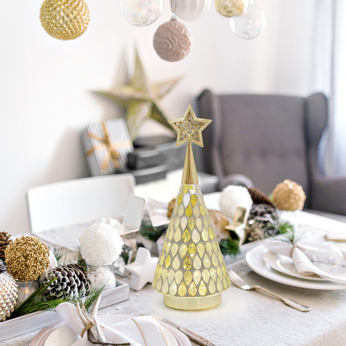 Gold Mosaic Glass Christmas Tree with Star, 2 PCS Small Tabletop Christmas Trees with Light, Battery Operated Xmas Tree for Mantel Decor 11"