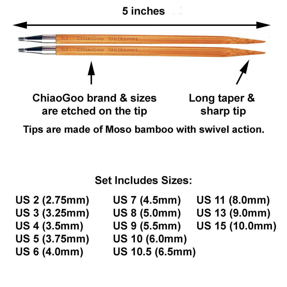 ChiaoGoo Spin Bamboo 5-Inch Complete 2500-C Interchangeable Circular Knitting Needle Set, Sizes US 2, 3, 4, 5, 6, 7, 8, 9, 10, 10.5, 11, 13, 15 with 6 Cords with Project Bag