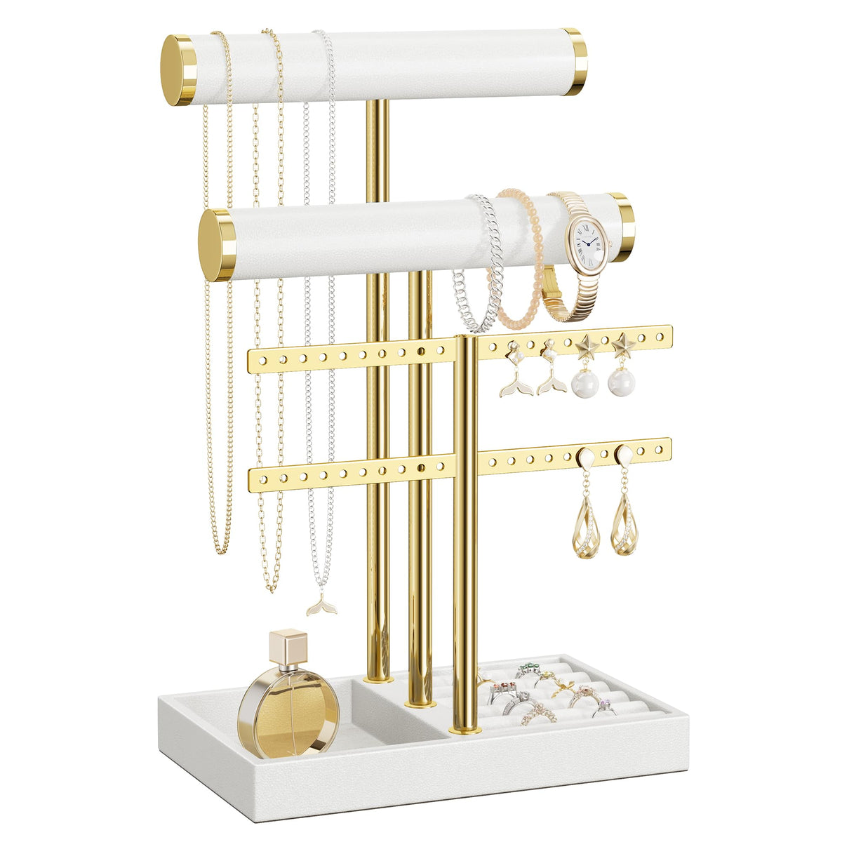 bussdis 3 Tier Bracelet Holder Display - White Leather Bracelet Holder, Detachable T Bar Jewelry Holder Organizer for Bracelet, Necklace, Earrings, Rings, Watches, Bangle