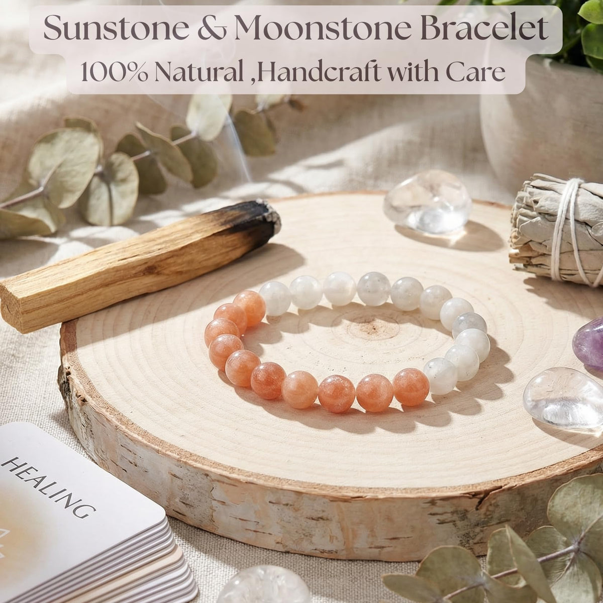 Atminafays 8MM Healing Crystal Bracelet - Sunstone & Moonstone | Natural Stone Balancing Energy Jewelry, Adjustable 6.5-8", Spiritual Gift