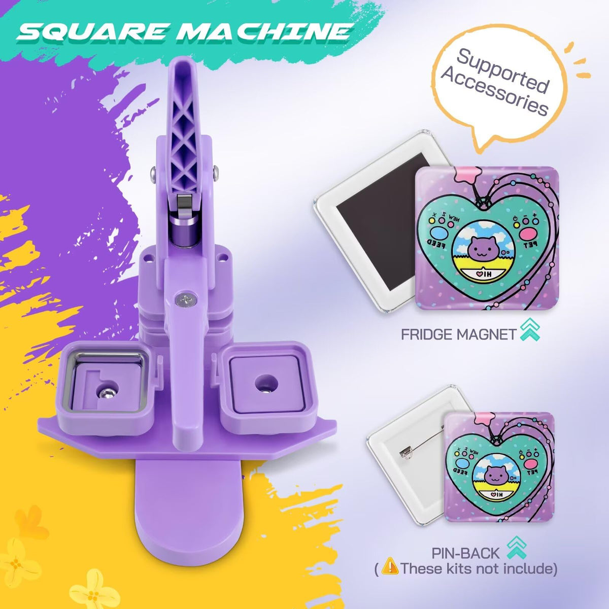 Square Magnet Button Maker Press Machine with 100 Sets Square Badge Making Supplies 2'' x 2'', Custom Fridge Badges – Ideal for Parties, Events, Business, School
