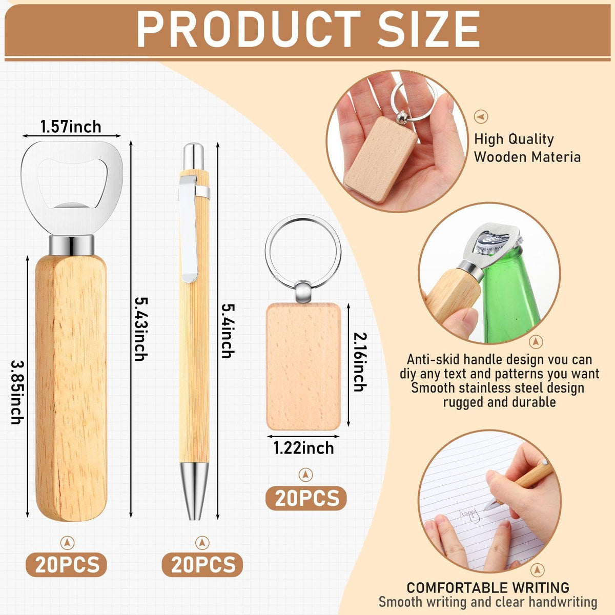 SiliFine 60 Pcs Laser Blanks Product Laser Engraving Material Kit Including DIY Wooden Blank Bottle Opener, Wooden Keychain, and Bamboo Pen for Kitchen Wedding Party Bar Home Craft