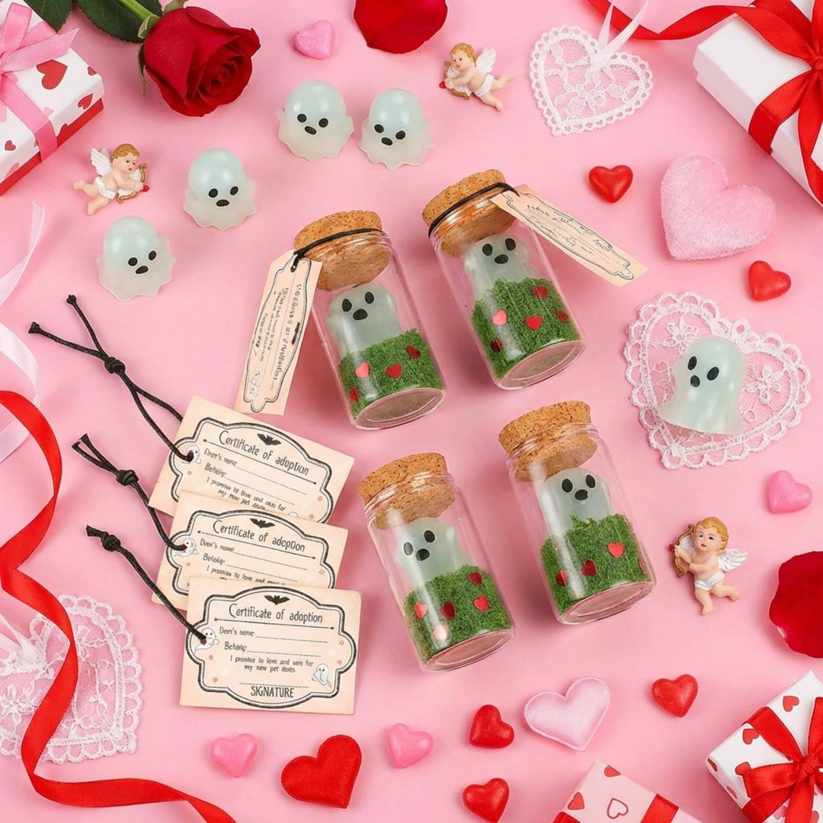 Vicenpal 37 Pcs Valentines Day Adopt a Ghost in a Mason Jar Glow in the Dark Ghost Bottle Bulk with Moss and Card Cute Valentine Figurine Bulk for Valentines Decorations DIY Party Gifts