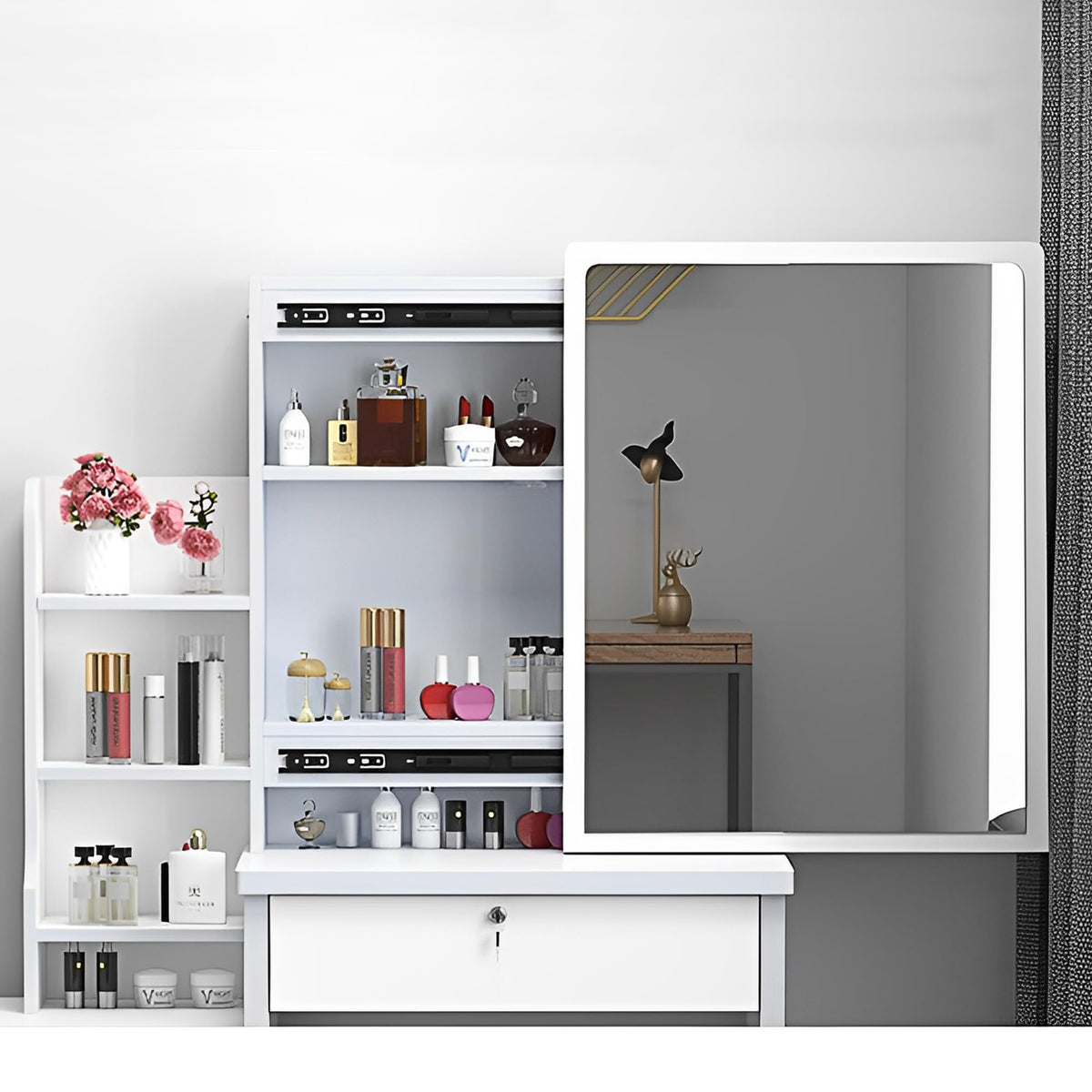 KEIKI Vanity Desk with Mirror for Makeup, Dressing Table Set with Stool,4 Drawers, White