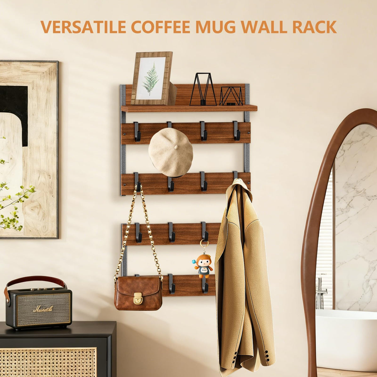 Dhmkfly 2-in-1 Coffee Cup Holder Wall Mounted, 4-Tier Coffee Mug Holder Wall Mount with 16 Adjustable Hooks and Display Shelf, Wooden Mug Rack Hanger Organizer for Home Kitchen Display and Collection
