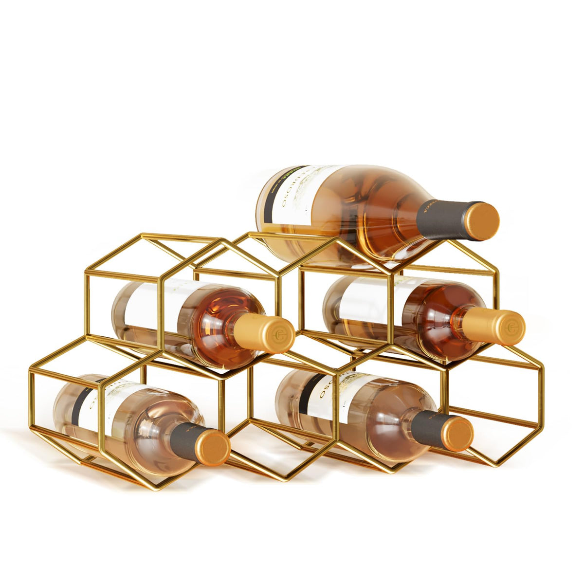 Urban Deco Small Gold Wine Rack 9 Bottle Holder Countertop - No Need Assembly Modern Metal Wire Wine Storage for Counter Top Table Top Coffee Bar Kitchen