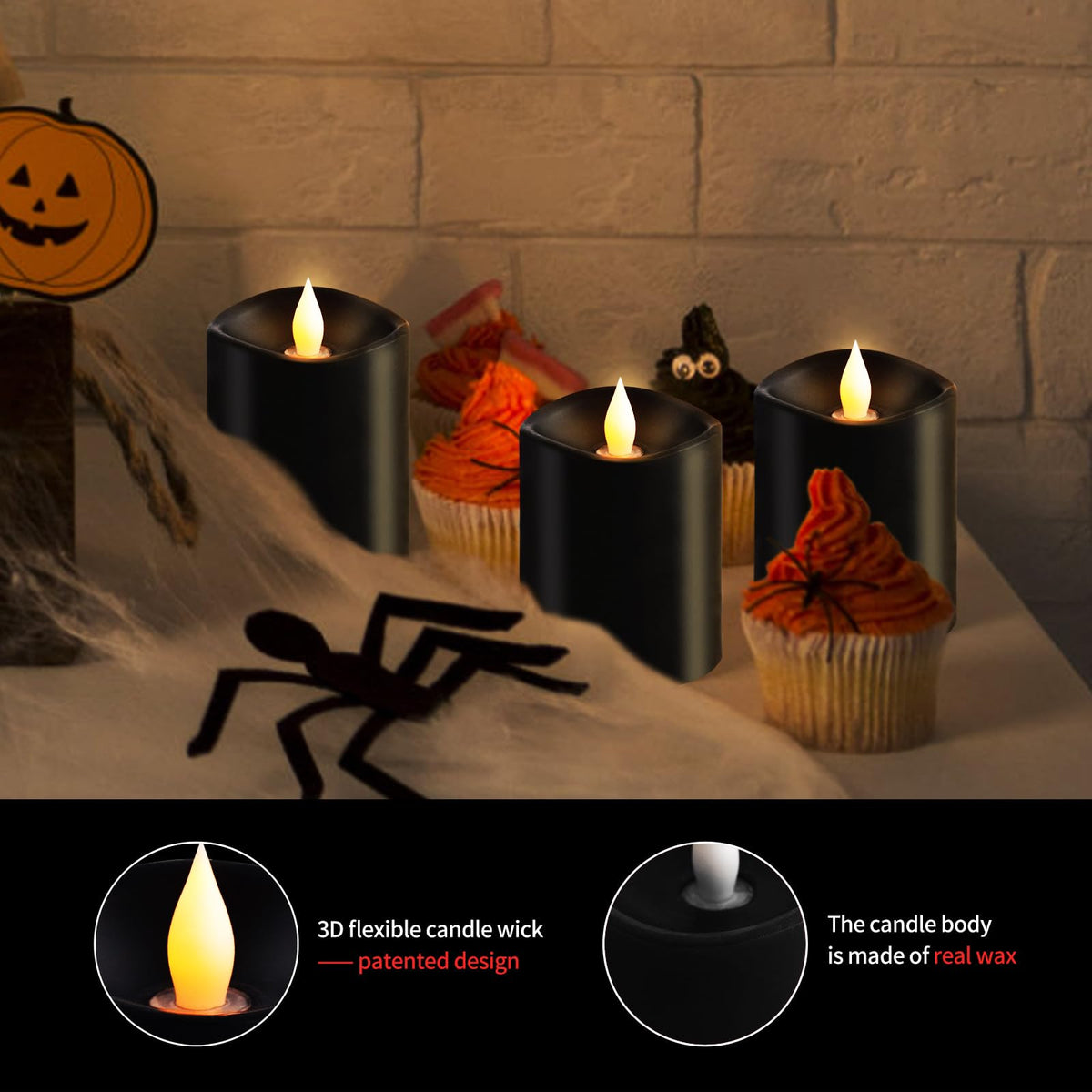 3x4 Flickering Flameless Candles Set of 3, 2AA Battery Life 600 Hours Battery Candles Flickering with Timer,4 inch Flameless Candles with Remote for Home Wedding Party Halloween Decoration, Black