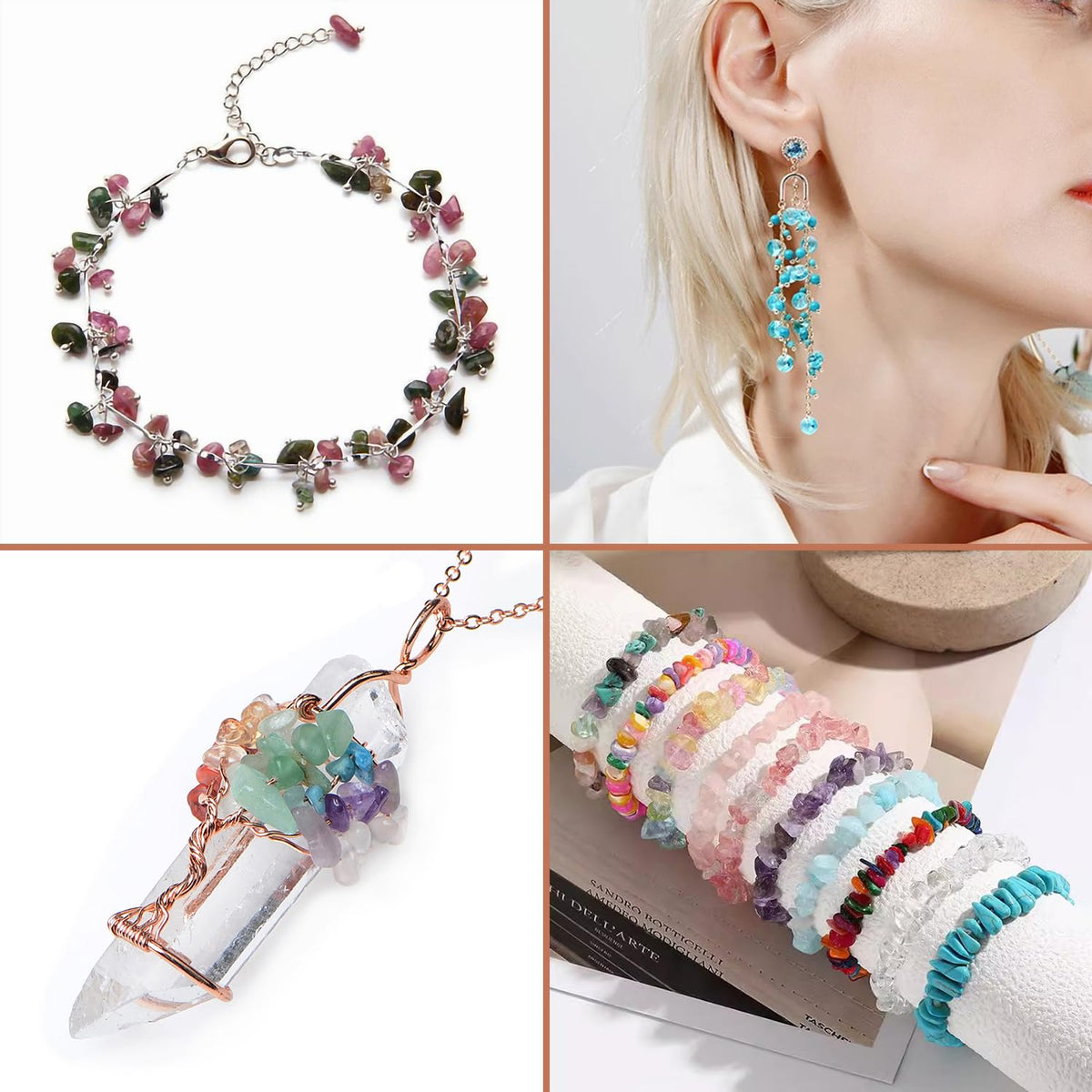 LPBeads Jewelry Making Kit 1200 PCS Natural Crystal Beads in 20 Colors Gemstone, Jump Rings, Earring Hooks, Pins, Elastic Bracelet String for Women and Adults