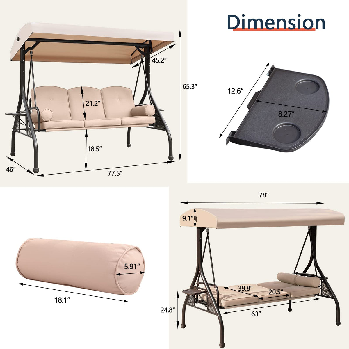 NOBLEMOOD Patio Porch Swing, 3-Seat Outdoor Swing with Adjustable Canopy, Waterproof Fabric Cushion, Pillow and Foldable Side Tray for Patio, Backyard, Porch Swing Bed for Spring