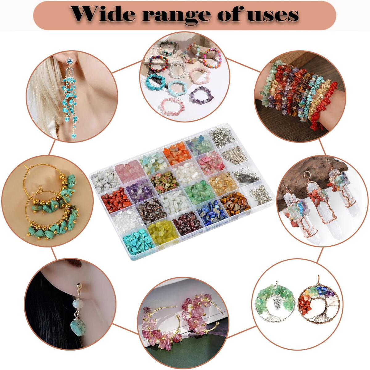 LPBeads Jewelry Making Kit 1200 PCS Natural Crystal Beads in 20 Colors Gemstone, Jump Rings, Earring Hooks, Pins, Elastic Bracelet String for Women and Adults