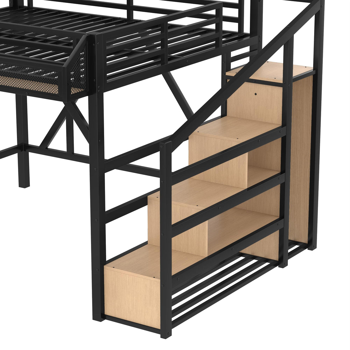 Bellemave Queen Size Loft Bed with Stairs and Wardrobe,Heavy Duty Metal Loft Bed Frame with Shelves,LED Lights and Charging Station for for Kids,Teens,Adults,Natural Wood