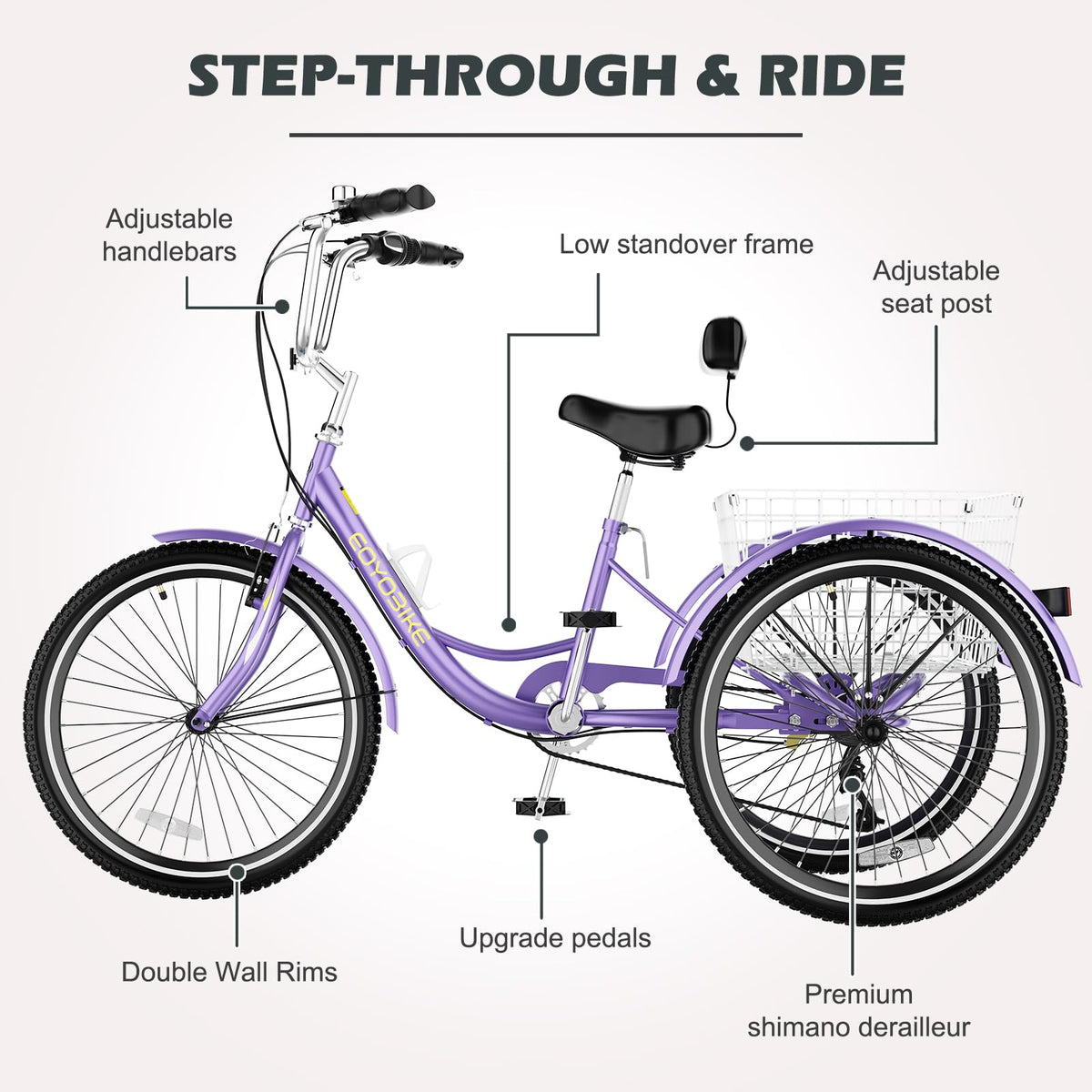 H&ZT Adult Tricycle, 3 Wheeled Bike, Trike Cruiser Bike, with 7-Speed Gear, Parking Brake Handle, Low Step, Large Rear Basket, Elderly Friendly, for Men, Women, and Teens