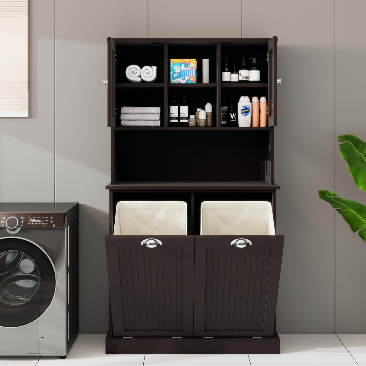 Sang Seiyoga Tilt Out Laundry Hamper Cabinet, Double Compartment Sorter Tall Organizer with 2 Adjustable Shelves & Top Shelf, Space Efficient for Bathroom/Dorm, Easy Clean Interior Black