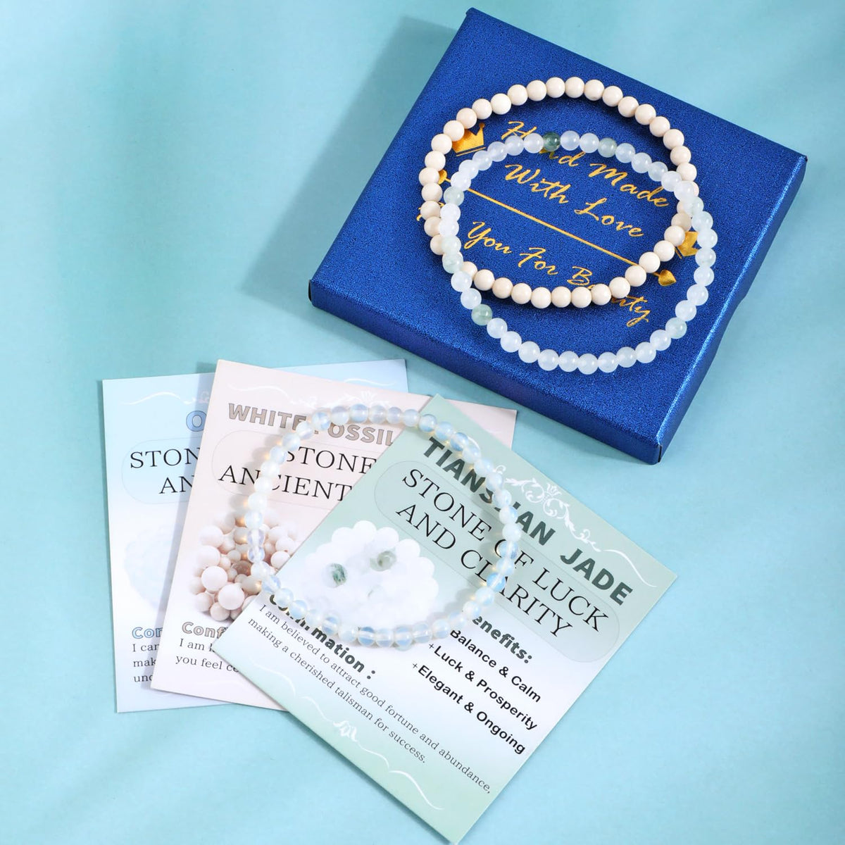 NCB 3-Piece 4mm Natural Crystal Gemstone Stretch Bracelets – ﻿Opalite, Tianshan Jade, White Fossil Jasper Handmade Reiki Energy Healing Jewelry for Meditation,Yoga, Unisex