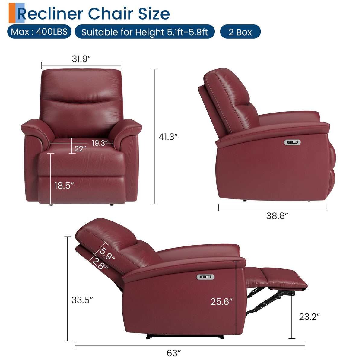 Garvee Power Swivel Recliner Chair, PU Leather Electric Reclining Armchair with Free Position, 270 Degree Swivel, 38.6 in Wide Seat, 350 Lb Capacity, Single Sofa for Living Room Bedroom, Dark Red