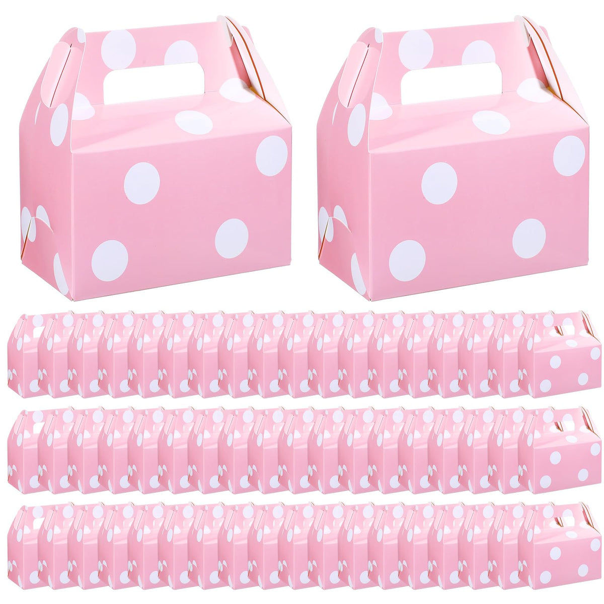 TecUnite 50 Pcs Pink Polka Dot Party Favors Boxes Large Treat Candy Gift Boxes with Handles 6.3 x 6.3 x 3.5 Inches for Birthday Halloween Christmas Party Supplies