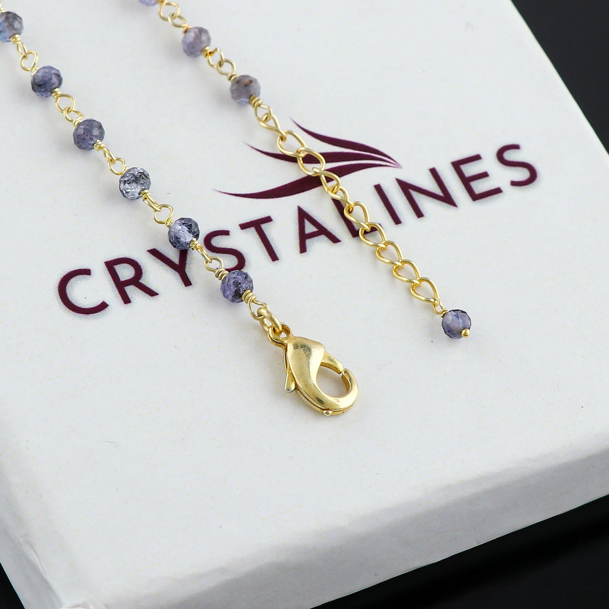 CRYSTALINES Natural Blue Iolite Gemstone Cluster Bracelet, 14K Gold Plated Rosary Chain, Handmade Bohemian Jewelry, Healing Crystals Beads & Stones, Gift for Women (Approx. 7+1inch)