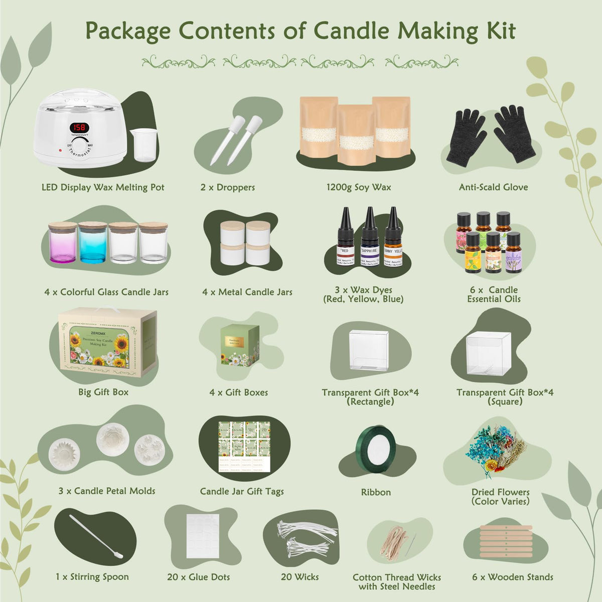 ZEROMX Candle Making Kit for Adults Beginners – 1200g Soy Wax, Digital Wax Melting Pot, Floral Candle Molds, Gift Boxes, Premium Candle Making Supplies, Complete DIY Set, Christmas Craft Gifts