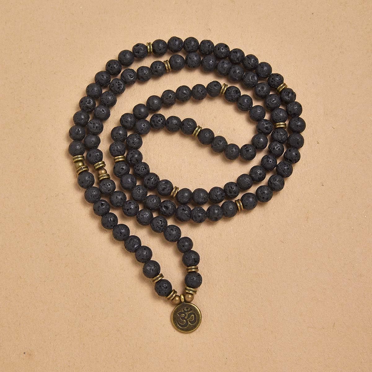 108 Natural Stone Mala Beads Yoga Jewelry Meditation Bracelet Necklace with om Charm (Lava)