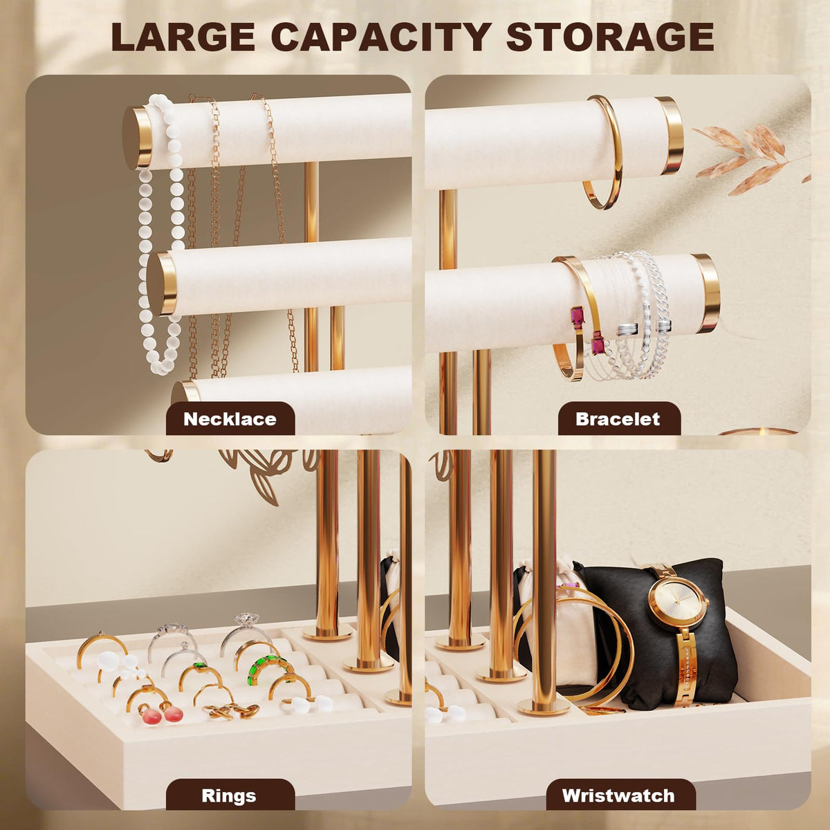 Abiglifty 3 Tier Necklace Holder Display, Jewelry Organizer, Jewelry Stand, Bracelet Display, Necklace Organizer, Bracelet holder, Jewelry Display for Necklace, Watches, Rings, Beige