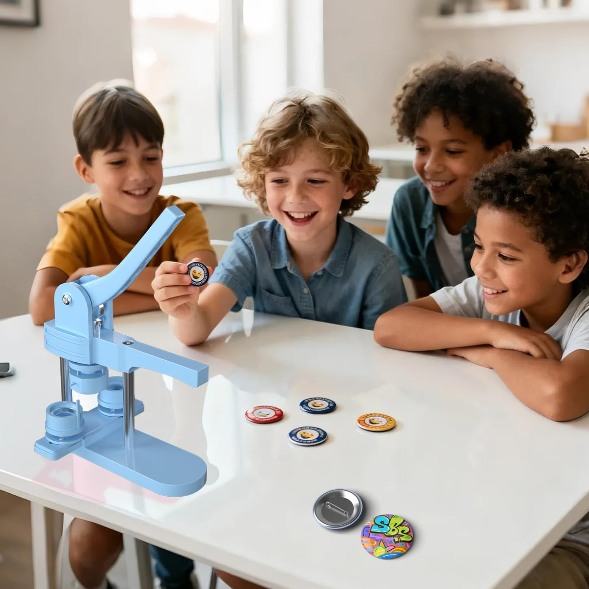 1+1.25+2.25 inch Multiple Sizes Button Maker Machine, 300 Buttons, 30 Fridge Magnets, 10 Bottle Openers, 10 Keyrings, 3 Circle Cutters, Button Badge Press Machine (Lightblue, 353 Pcs)