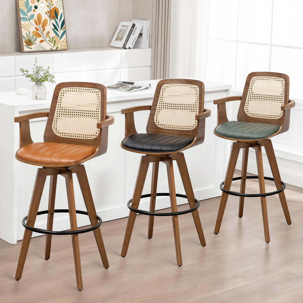 WUPOTO Bar Stools Set of 2, 29.7" Bar Height 360° Swivel Stools with Ergonomic Rattan Back, Faux Leather Seat, Bamboo Legs with Walnut Finish, Mid-Century Style (Green)