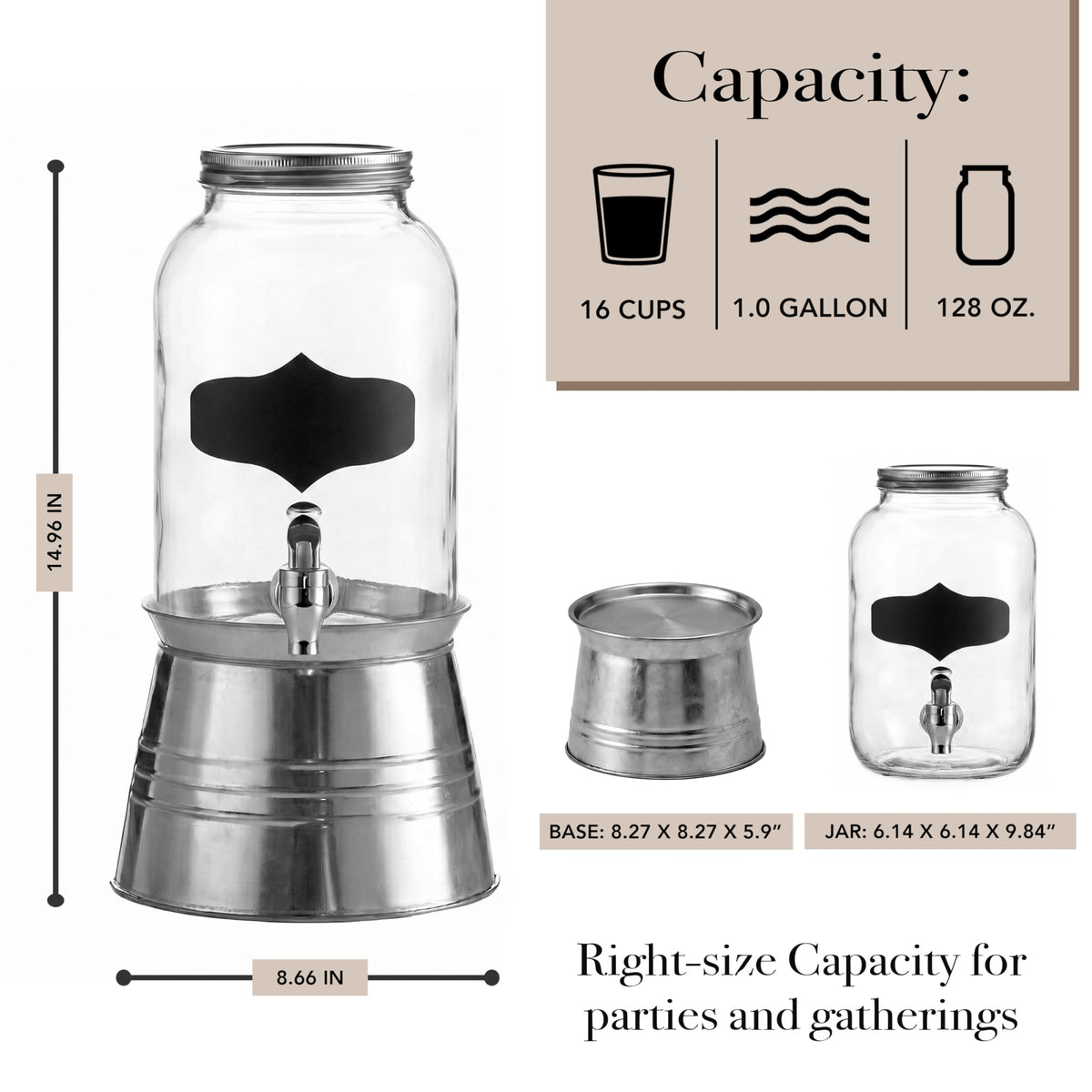 Style Setter Bristol Beverage Dispenser with Blackboard and Ice Bucket Stand Cold Drink Wine Juice with 1 Gallon Capacity Glass Jug and Leak-Proof Acrylic Spigot Great for Parties, Weddings and More