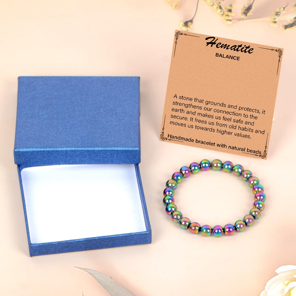 LPBeads Handmade Natural Gemstone Stretch Elastic 8mm Rainbow Coated Hematite Bracelet Healing Crystal Round Stone Beads Jewelry Gifts for Women Men