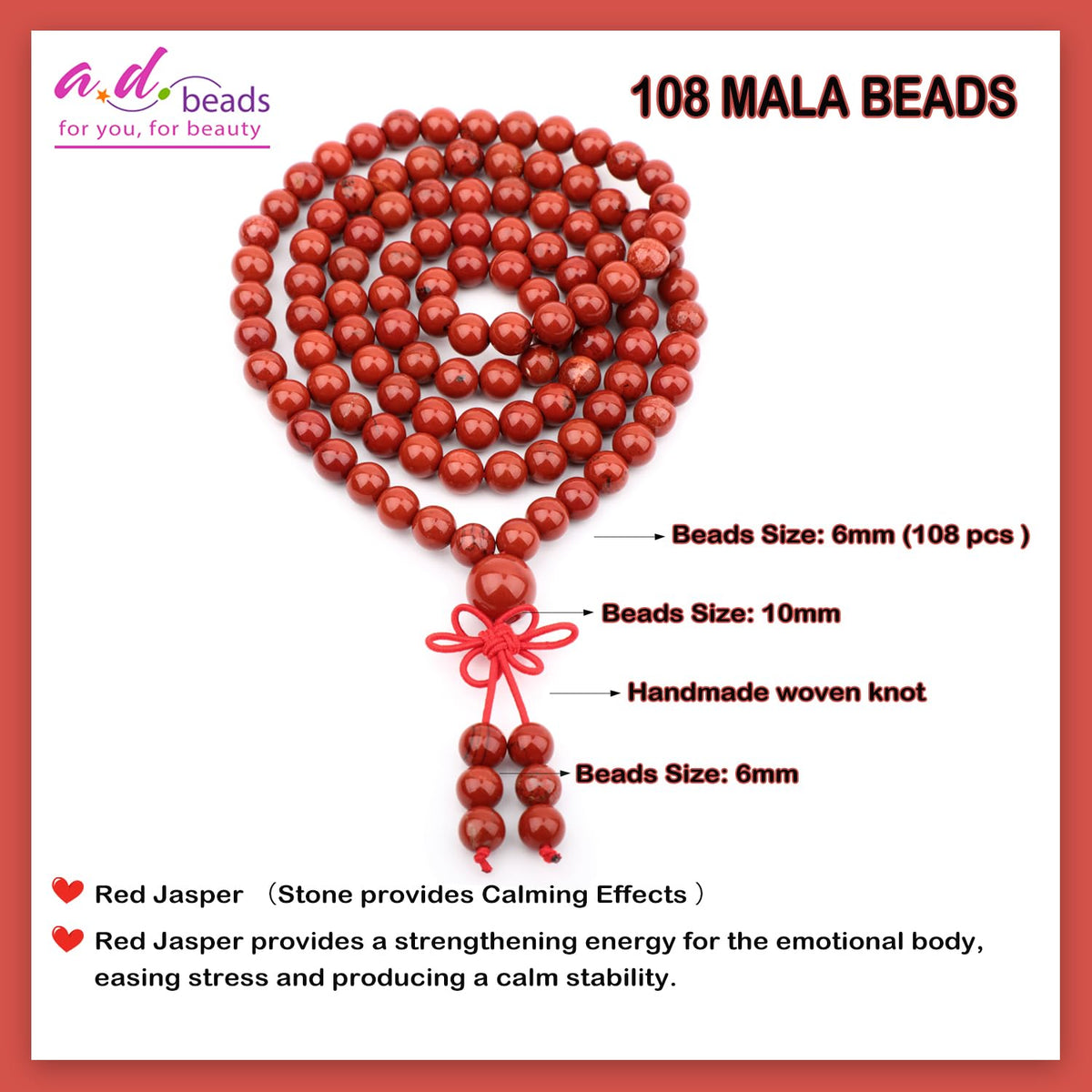AD Beads 6mm 108 Prayer Mala Red Jasper Elastic Bracelet - Stone Provides Calming Effects - Handmade Yoga Meditation Healing Power Energy Gifts for Unisex Adult.