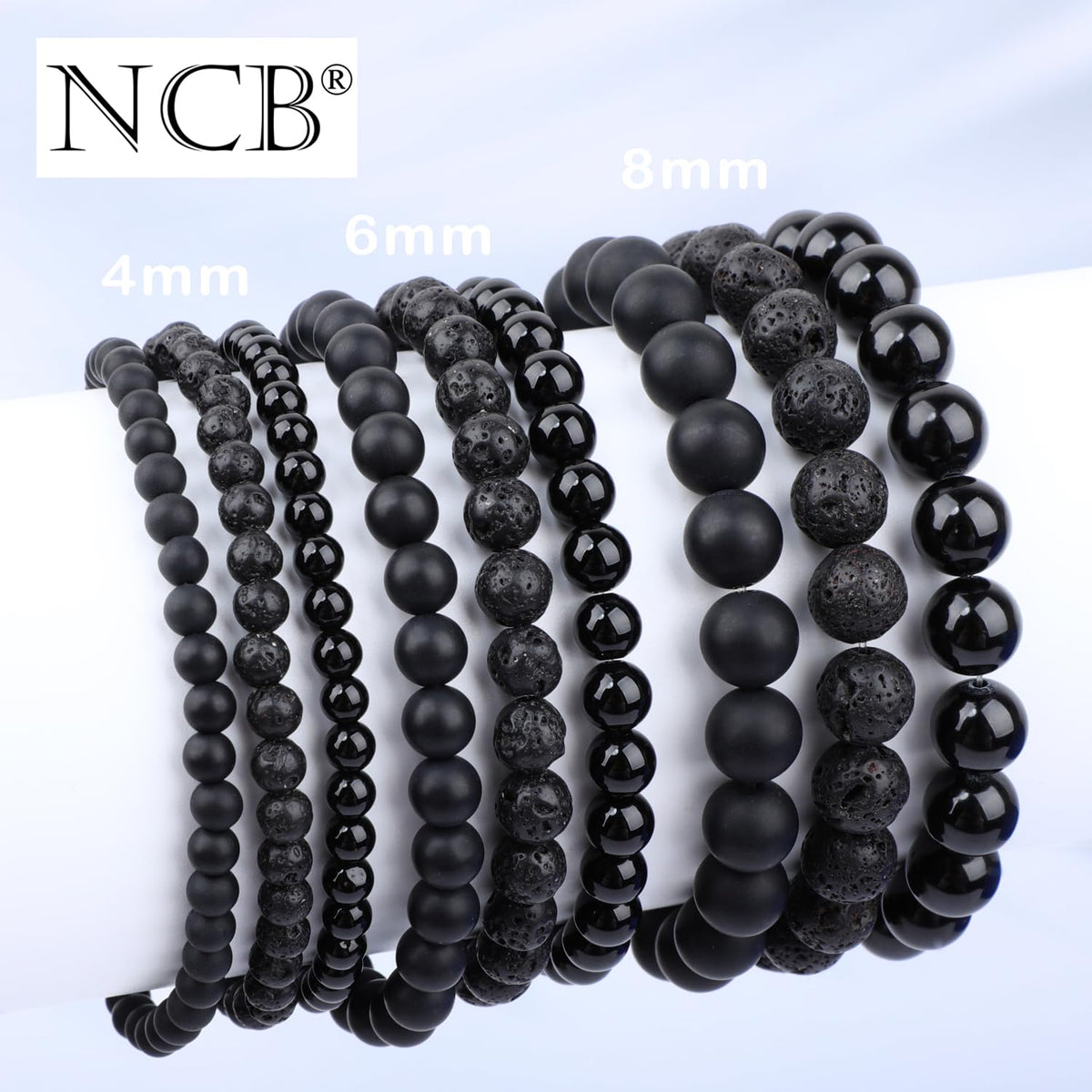NCB 3-Piece 4mm Natural Crystal Gemstone Stretch Bracelets – ﻿Black Lava, Black Onyx, Matte Black Agate Handmade Reiki Energy Healing Jewelry for Meditation,Yoga, Unisex