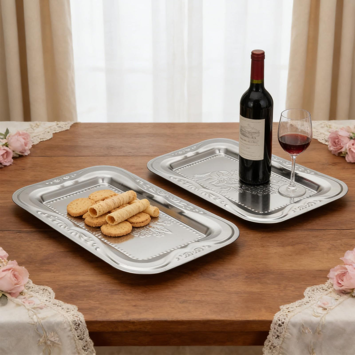6 Pack Silver Serving Trays Set, Floral Engraved Mirror Decorative Tray Party Platters for Whiskey Cookies Food Dessert Fruit Cupcake Weddings Table Parties Display