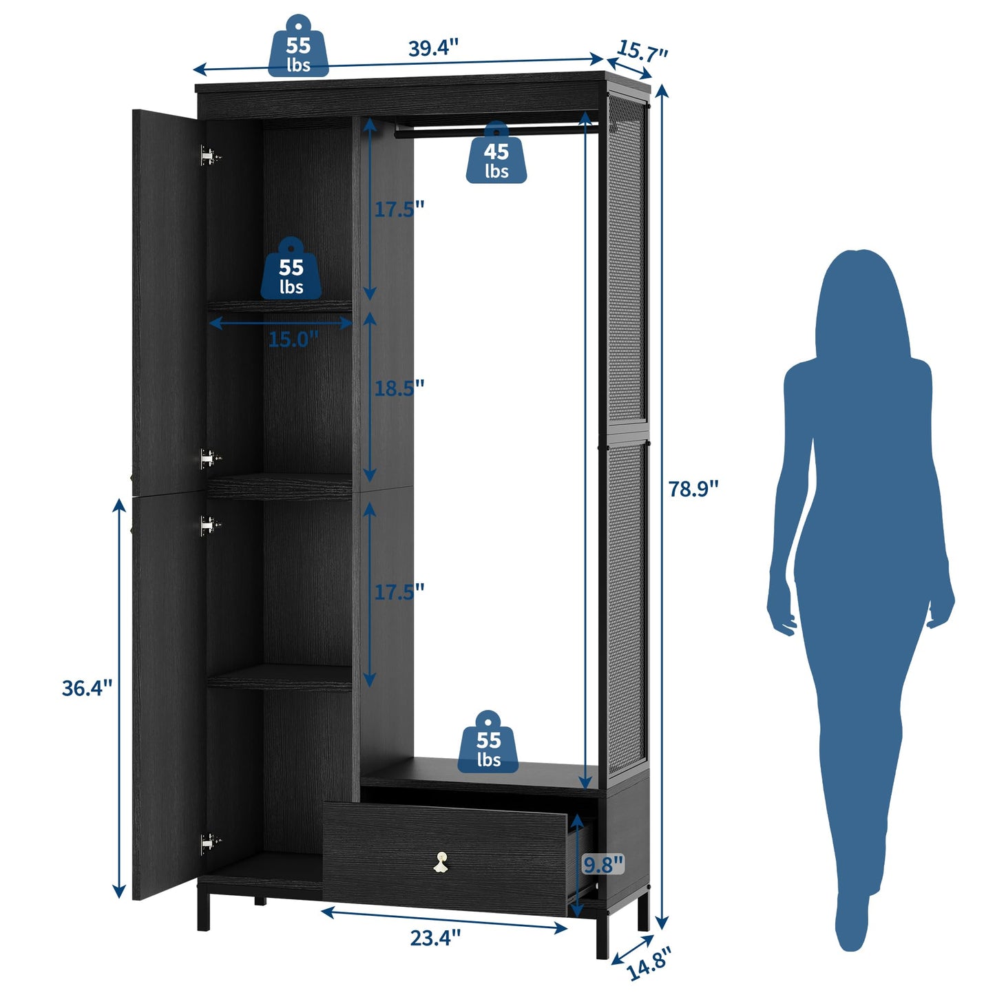 78.9" Armoire Wardrobe Closet with Shelves and Hanging Rod, Large Fixed Compartment for Bedding & Luggage, Open Design of the Hanging Area, Metal Frame Wardrobe Cabinet for Bedroom (1 Drawer, Black)