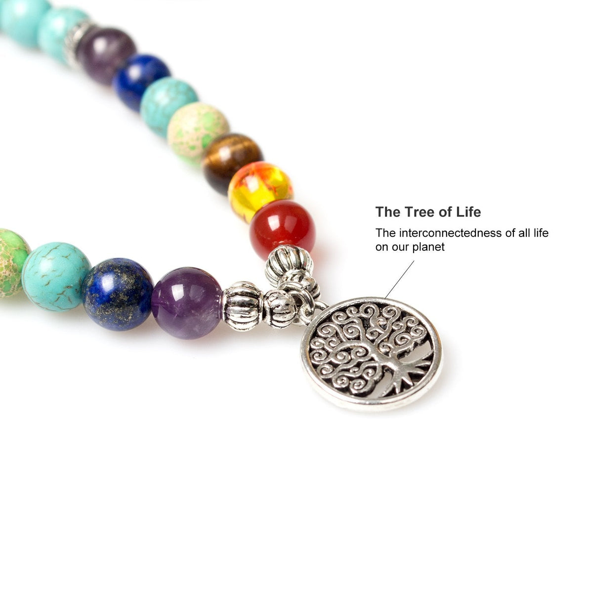 PWMENLK 108 Mala Beads Necklace 7 Chakra Buddhist Prayer Beaded Bracelet Tree of Life Pendant Stone Yoga Necklace(turquoise)