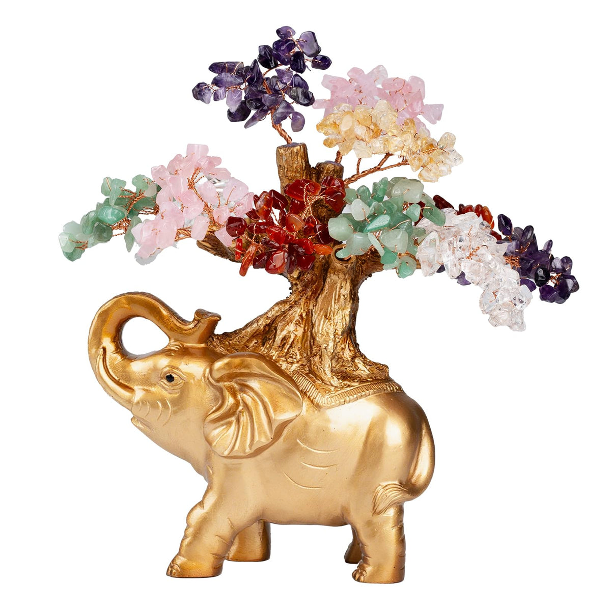 GEMBOURY 7 Chakra Crystal Money Tree on Gold Mini Elephant Statue, 10”Gemstone Bonsai Tree of Life Home Décor Gifts for Wealth Positive Energy, Feng Shui Décor