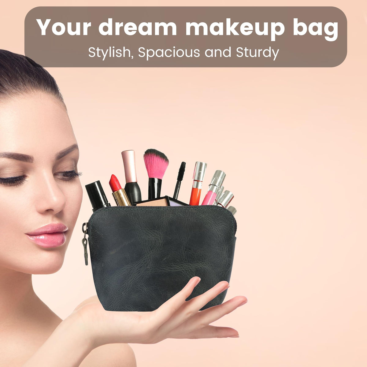 TheAntiq Full Grain Leather Cosmetic Bag – Zippered Makeup Pouch for Women, Small Travel Toiletry & Organizer Pouch for Purse, Premium Handmade Leather (5 × 4 × 2.5 in)