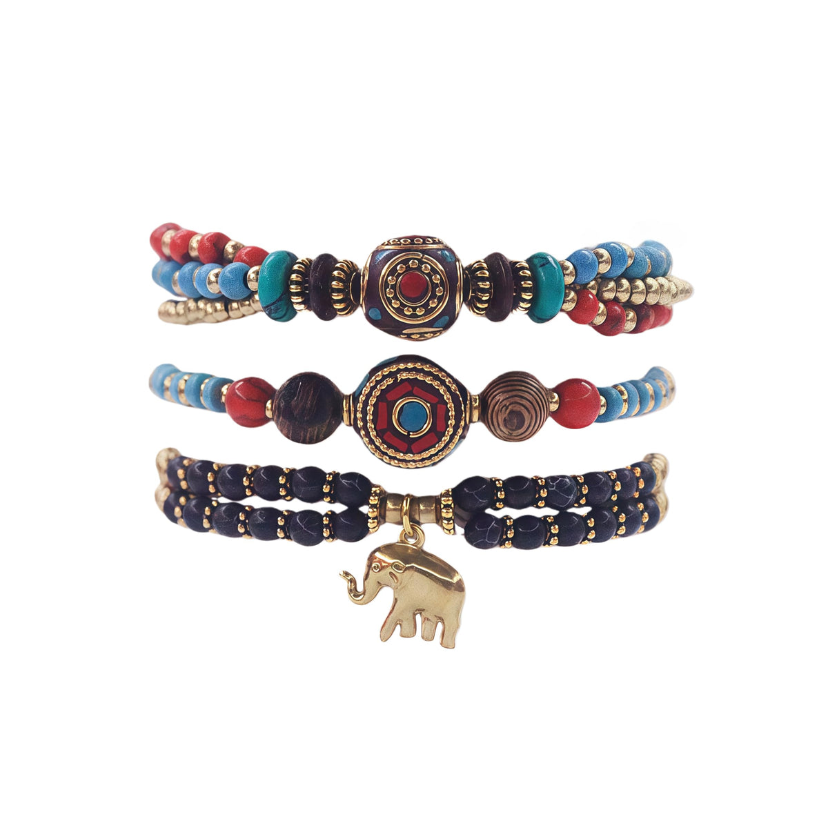 Petite Adjustable Boho Bracelet for Small Wrists - Handmade Nepalese Buddhist Prayer Bracelet with Elephant Charm, Brass Bell, Turquoise Stone & Tibetan Mantra Beads, Spiritual Gift (Black, 3Pcs)