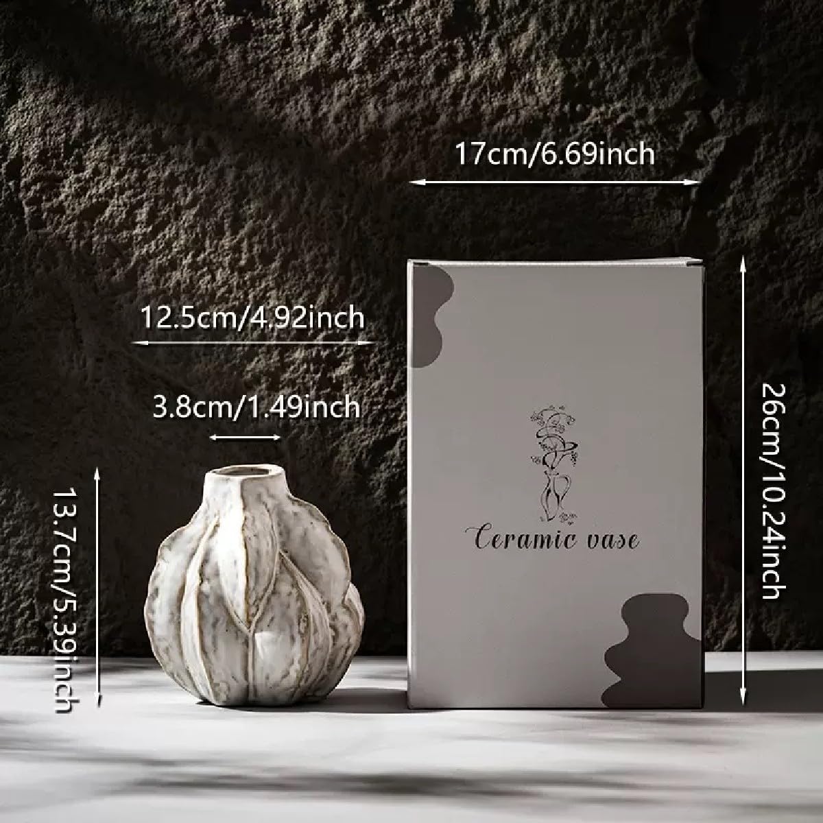 Vetraiy Ceramic Flower Vase(5.39Inch) Off-White Textered Vase Modern Farmhouse Minimalist Decor with Gift Box for Home,Tabletop,Shelf,Balcony,Office,Living Room,Wedding,Party(M)