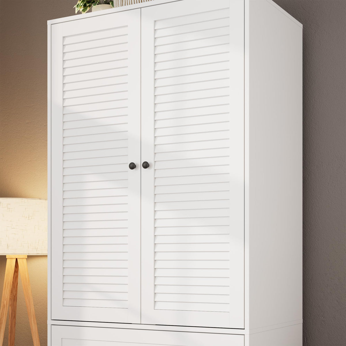 GarveeHome Armoire Wardrobe Closet with Drawers, 69.5 in Wooden Wardrobe Cabinet with Hanging Rod, 2 Doors Clothing Storage Cabinet for Bedroom, Large Capacity Storage, Louvered Door, White